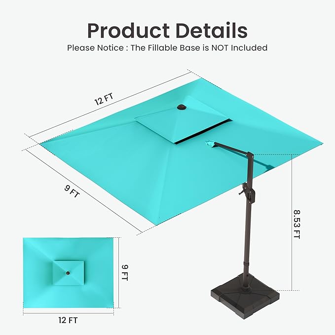 9x12 FT Cantilever Patio Umbrella with Base and Led Lights Double Top Outdoor Rectangular Large Heavy Duty Aluminum Offset Umbrellas with 7 Level Tilt 360-degree Rotation for Pool Garden Deck, Turquoise