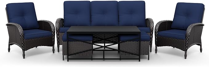 Joyside Wicker Patio Furniture Set, 6 Piece Outdoor Furniture Set with Thickened Cushions, High Back, Deep Seating, Wide Armrest, Rattan Outdoor Chairs for Porch, Deck