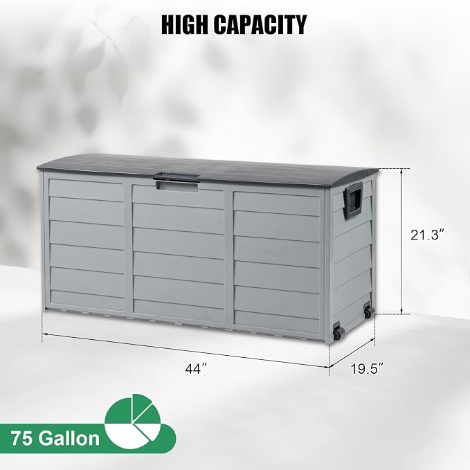 VINGLI 75 Gallon Outdoor Storage Box, Patio Deck Box Furniture with Rolling Wheels, Plastic Storage Containers with Lockable Design, For Garden, Yard, Balcony (Black)