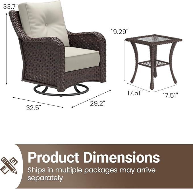 3 Pieces Outdoor Furniture Set with 6-inch Cushions, High Back Wicker Swivel Rocker Chairs with Coffee Table, Luxury Conversation Set for Deck Patio and Poolside