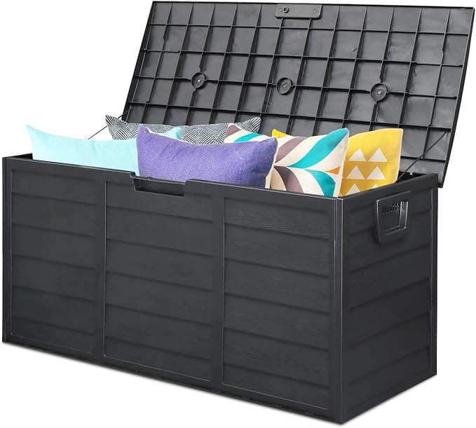 75 Gallon Resin Deck Box,Outdoor Large Resin Deck Box,Lockable Container for Patio Furniture Cushions Garden Tools (Black)