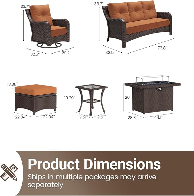 7 Pieces Outdoor Furniture Set with 6-inch Cushions, High Back Wicker Swivel Rocker Chairs with Fire Pit Table, Luxury Conversation Set for Deck Patio and Poolside