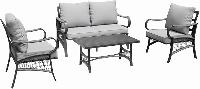 4 Piece Patio Furniture Set, All Weather Outdoor Sectional Sofa Conversation Set with Thick Cushions and Metal Coffee Table for Garden, Porch, Lawn, Grey