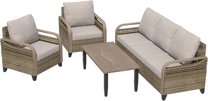 EAGLE PEAK Modern Wicker Outdoor Patio Furniture Set, Patio Conversation Set, 2 Chairs, 3-Seat Loveseat and Coffee Table, 4 Pieces, Brown/Gray