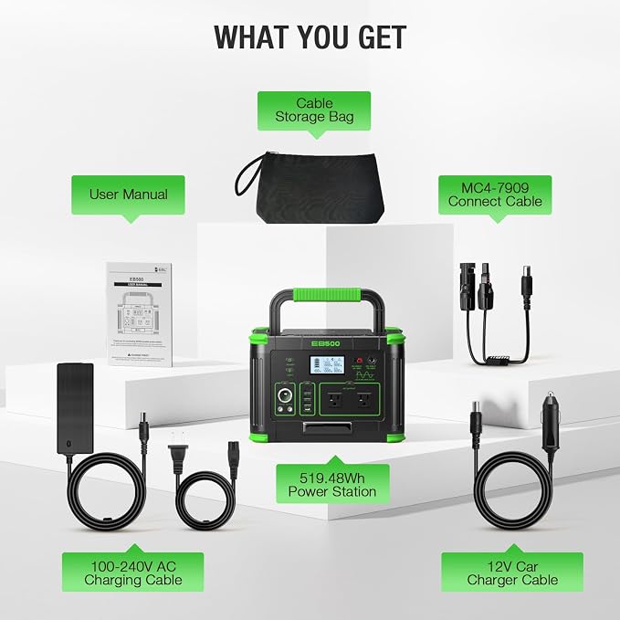 Portable Power Station 500W (Peak 1000W), 519.48Wh Solar Generator with 2x120V AC Outlets & USB-C PD 60W, 10-Port Power Bank with Wireless Charger for Outdoor Camping, RV Trips, Home Emergency Backup