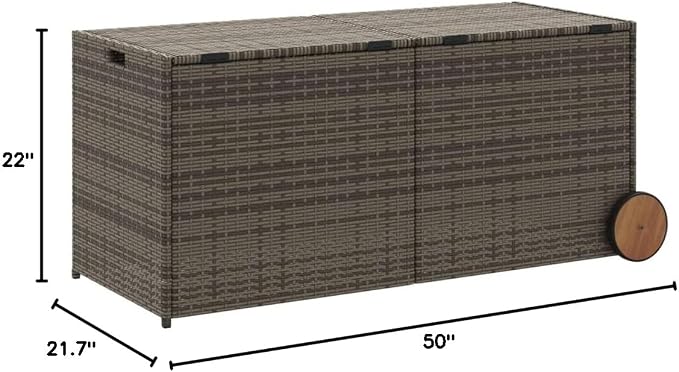 Wicker Outdoor Deck Box with Wheels, 74.8 Gal Outdoor Storage Box with Lid, PE Rattan Storage Container for Pillows, Cushions, Gardening Tools, 50"x21.7"x22"/23.4" Gray