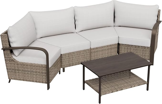 COOS BAY Aurora Terrace 4 Piece Outdoor Sectional Furniture Set, Half Moon Rattan Wicker Conversation Set with 4 Seat Sofa & Coffee Table for Patio Garden Yard, Beige/Beige