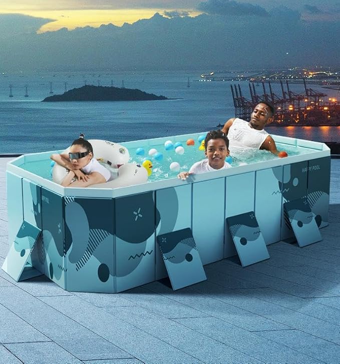 Foldable Swimming Pool, Rectangular Above Ground Swimming Pool for Outdoor Family Square Pool with Drain Plug and Drain Hole, Easy to Assemble Pool for Kids, Pets and Dogs(116" L x 65" W)