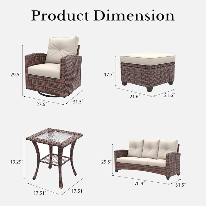 LayinSun 6 Pieces Patio Furniture Set with Swivel Chairs, Rattan Wicker Rocking Glide Chairs with Coffee Table Conversation Set