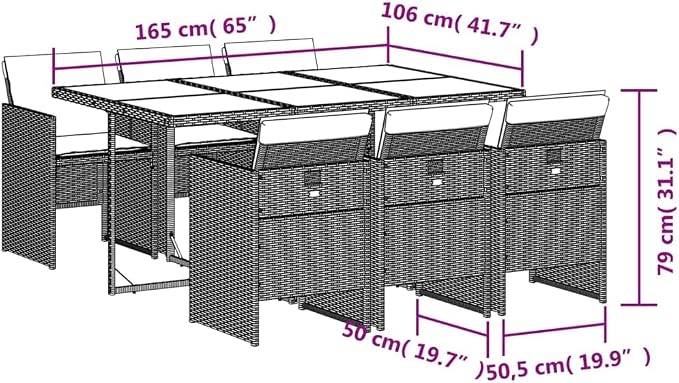 7 Piece Patio Dining Set with Cushions Brown Poly Rattan Outdoor Table and 6 Folding Chairs for Garden Backyard Dining, Tempered Glass UV-Proof, Removable Washable Cushion Covers, 242. 5 lb Capacity