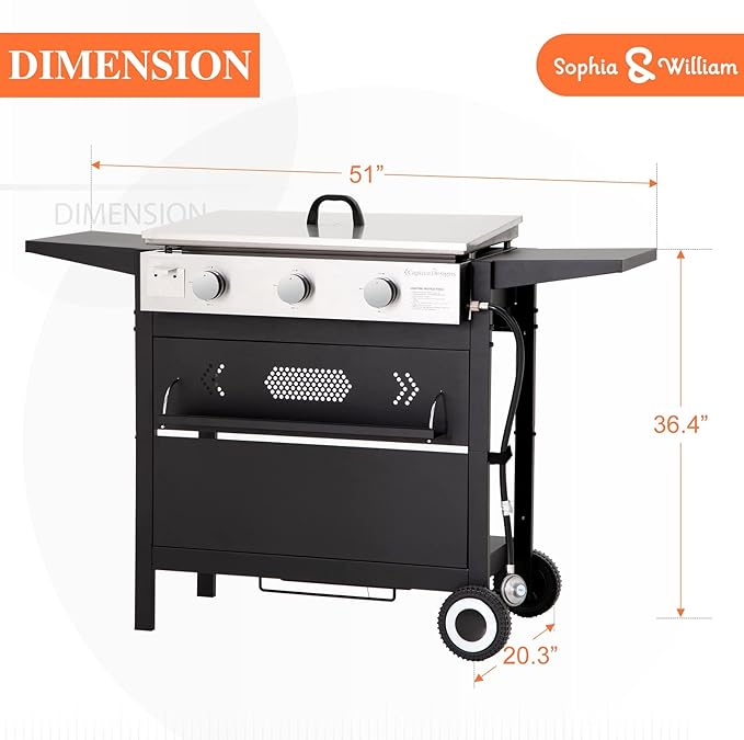 Sophia & William 28-Inch Flat Top Grill with Ceramic Coated Cast Iron Griddle, 3-Burner Propane Gas BBQ Griddle, Portable Outdoor Barbecue Grill,33,000 BTU,Black