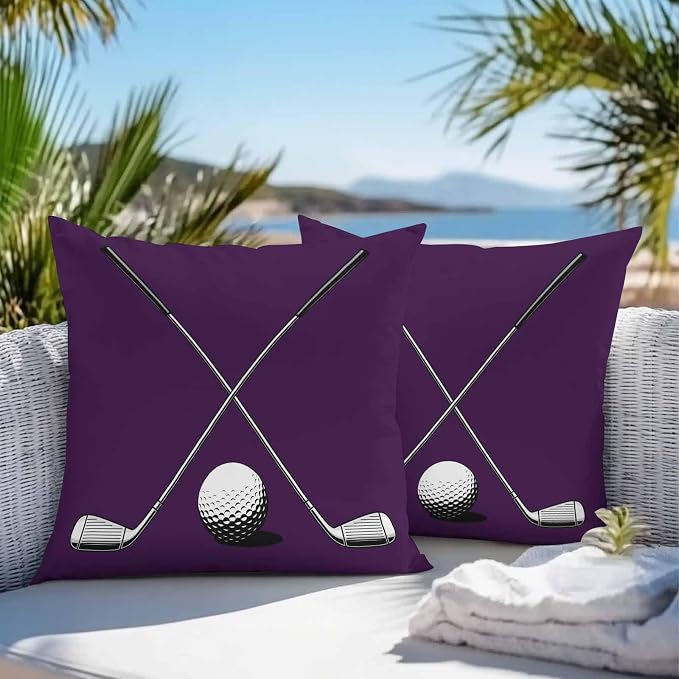 Vandarllin Outdoor Throw Pillows Covers 20x20 inch Set of 2 Waterproof Golf Ball Club Decorative Zippered Cushion Covers for Patio Furniture, Game Sports Purple Lumbar Pillowcases