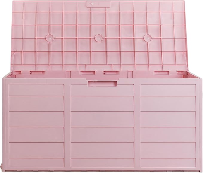 75 Gallon Outdoor Deck Box, Lockable Patio Outdoor Storage Box with Wheels, Waterproof Deck Storage Boxs for Furniture, Garden Tools Poolside and Tools Storage, Pink