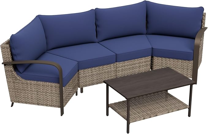 COOS BAY Aurora Terrace 4 Piece Outdoor Sectional Furniture Set, Half Moon Rattan Wicker Conversation Set with 4 Seat Sofa & Coffee Table for Patio Garden Yard, Beige/Blue