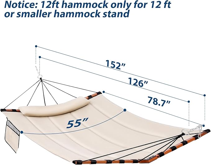 TegerDeger 12FT 2 Person Hammock with V Shaped Hardwood Spreader Bar & Nylon Rope for Outside, Patio, Garden, Backyard, Beach, Poolside, 450LB Capacity, 55in x 79in - Beige