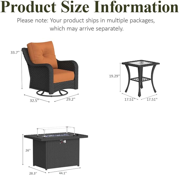 LayinSun 7 Piece Wicker Outdoor Furniture Set with 6-inch Comfy Cushions, High Back Patio Furniture Set with Swivel Rocking Chairs and Fire Pit Table