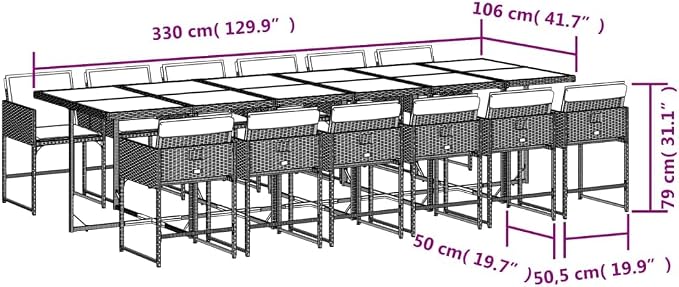 13 pcs Set Patio Dining Set & Garden Dining Set Brown PE Rattan Balcony Furniture Outdoor Dining Set for Backyard Front Porch Lawn 129.9 x 41.7 x 28.7 in
