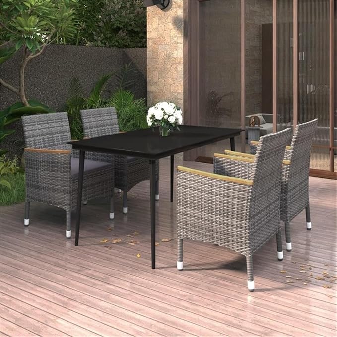 BOWERY HILL 5-Piece Contemporary Patio Dining Set, PE Rattan and Powder-Coated Steel, Gray and Dark Gray/Black Finish, Cushioned Seats, Weather-Resistant Design, Outdoor Furniture for Garden or