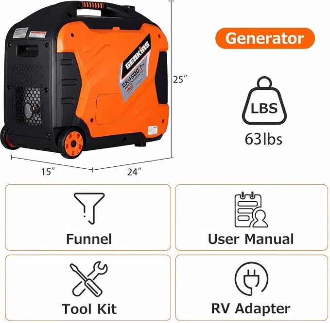 Genkins Portable Inverter Generator 4500W Gas Powered Pure Sine Wave Lightweight Quiet Parallel Capability for Camping RV Home Backup