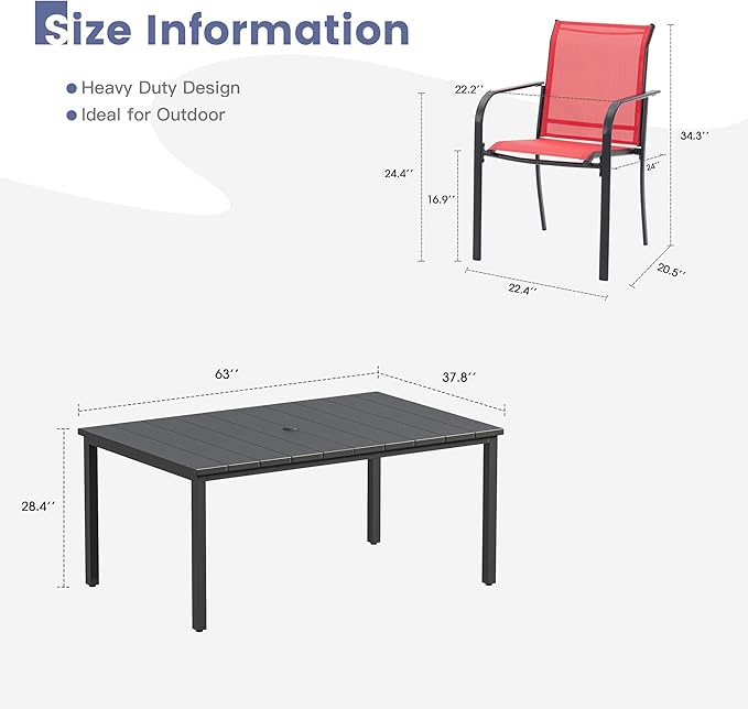 VICLLAX 7 Pieces Patio Dining Set, Patio Furniture Set of 6 Patio Stackable Dining Chairs and Outdoor Metal Table with Umbrella Hole for Backyard Lawn Garden, Red Chairs and Black Table