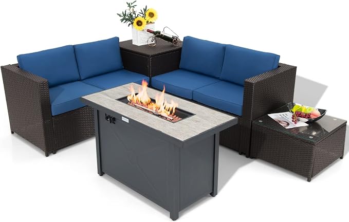COSTWAY 5 Piece Patio Furniture Set with 42'' Fire Pit Table, Outdoor Wicker Rattan Loveseat Sofa with 4'' Thickened Cushions, 2 Side Tables, Sectional Conversation Set for Backyard (Navy)