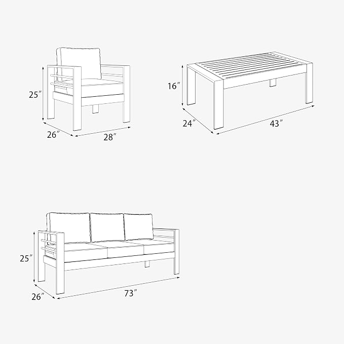 4 Pieces Aluminum Outdoor Patio Furniture Set with Coffee Table, Modern Metal Conversation Sofa Set with Deep Seating