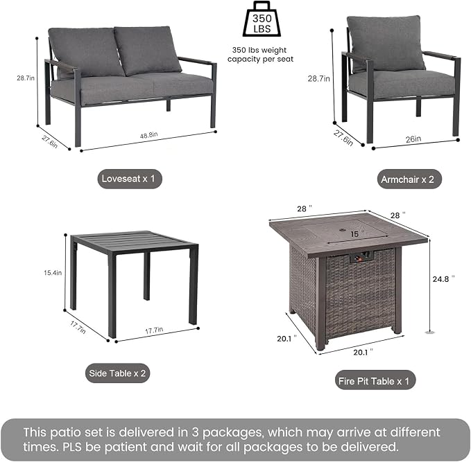 Metal Patio Furniture Set w/Fire Pit Table, 6-Piece Modern Outdoor Conversation Set with 6-Inch Thick Cushions, Outdoor Furniture Set for Garden, Backyard, Balcony, Poolside (Dark Grey)
