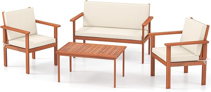 COSTWAY 4 Pieces Acacia Wood Conversation Set, Acacia Wood Porch Chairs with Table, Loveseat and Cushions, Outdoor Conversation Sofa Set for Garden, Balcony and Backyard