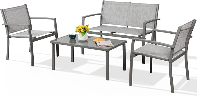 Shintenchi 4 Pieces Patio Furniture Set All Weather Textile Fabric Outdoor Conversation Set, with Glass Coffee Table, Loveseat, 2 Single Chairs for Home, Garden, Lawn, Porch(Silver)