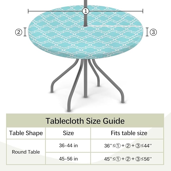 Fitted Round Tablecloth with Umbrella Hole and Zipper Aqua Blue Moroccan Outdoor Elastic Table Cloth 36"-44" Oil-Proof Waterproof Patio Table Cover for Dining Picnic Party