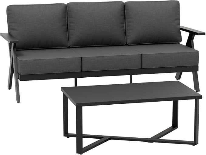 COOS BAY Iron Luxe 2 Piece Outdoor Patio Furniture Set, Modern Patio Conversation Set with a 3 Seat Couch & Coffee Table for Deck, Garden, Porch, Black/Gray