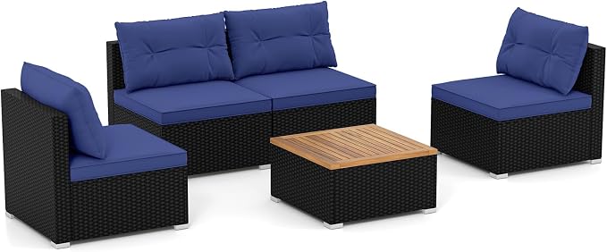 Tangkula 5 Pieces Wicker Patio Furniture Set, Outdoor 4 Armless Rattan Sofa & Coffee Table Set, with Cushions, Acacia Wood Tabletop, Sectional Patio Conversation Set for Lawn, Yard, Poolside, Navy