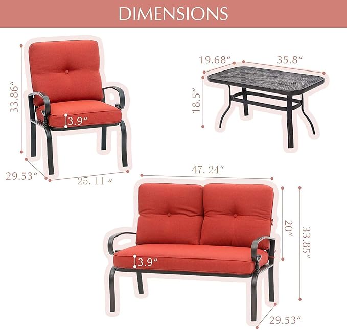 Outdoor Furniture Patio Conversation Set Loveseat, 2 Chairs, Coffee Table with Cushion, Lawn Front Porch Garden, Metal Chair Set Wrought Iron Look(Red)
