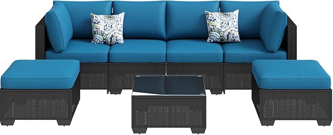 AECOJOY 7 Piece Outdoor Patio Furniture Set, Outdoor Sectional Conversation Furniture Chair with Coffee Table, Patio Sectional for Backyard, Garden(Peacock Blue Cushion and Black Rattan)