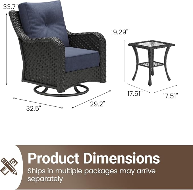3 Pieces Outdoor Furniture Set with 6-inch Cushions, High Back Wicker Swivel Rocker Chairs with Coffee Table, Luxury Conversation Set for Deck Patio and Poolside