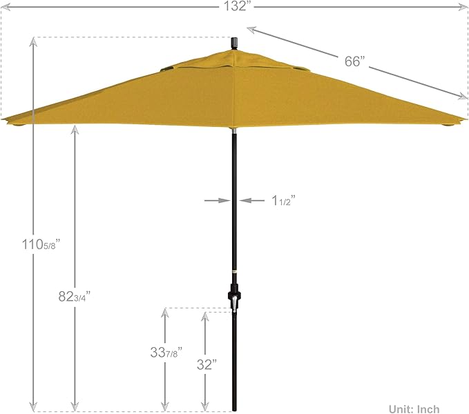 California Umbrella 11Ft Premium Sunbrella Patio Umbrella, Hand-Crank, Tilt-Collar, Bronze Frame, Sunflower Yellow Fabric