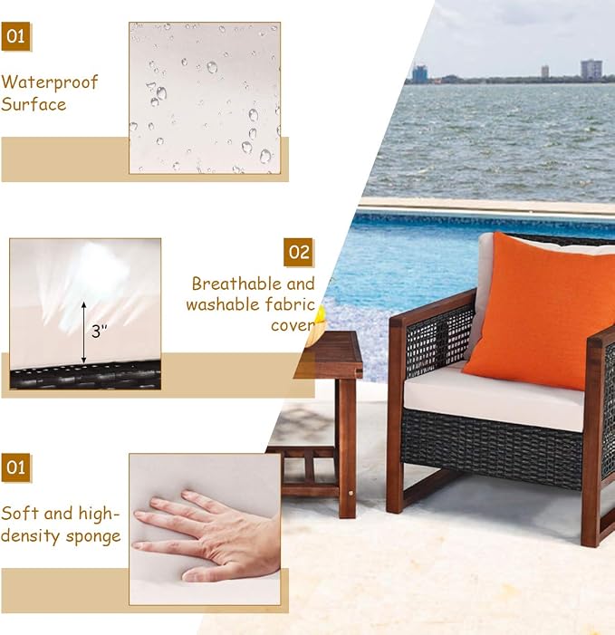 Tangkula 3 Pieces Patio Wicker Furniture Set, Rattan Outdoor Sofa Set w/Washable Cushion & Acacia Wood Coffee Table, Conversation Bistro Set for Garden Balcony Backyard (Beige)