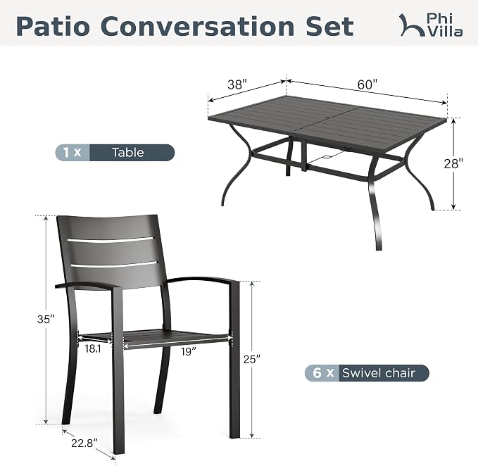 PHI VILLA 7 Pcs Outdoor Dining Set, 60" Rectangle Metal Table, Black | Wrought Iron Table&Stackable Chairs, Modern Outside Furniture for Deck, Yard, Porch