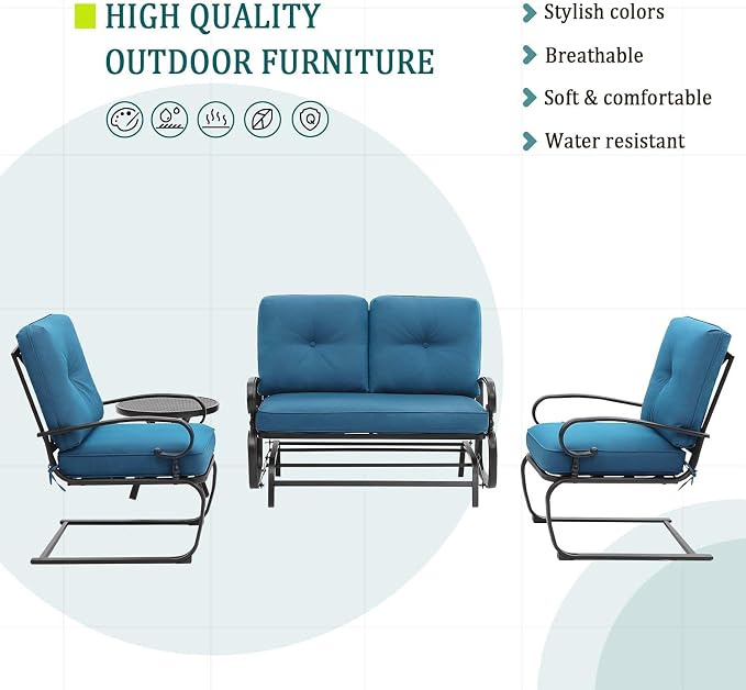 4 Pcs Outdoor Wrought Iron Furniture Patio Conversation Set with Glider Loveseat, 2 Spring Chairs, and Coffee Table (Peacock Blue)