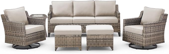 6 Piece Outdoor Patio Wicker Furniture Sets-High Back Outdoor Conversation Set Sectional Sofa with Wicker Swivel Rocker Patio Chairs,Thick Cushions Ottomans for Porch Balcony Patio Deck Grey/Beige