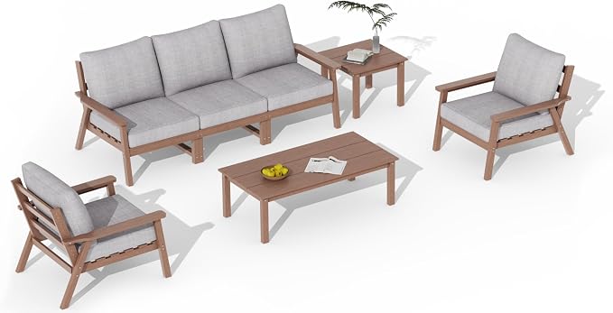 LOUNZY HDPE Outdoor Furinture Set,7 Piece Sectional Sofa Patio Furniture Set, All Weather Outdoor Couch Set Patio Furniture Set for Deck, Lawn, Brown