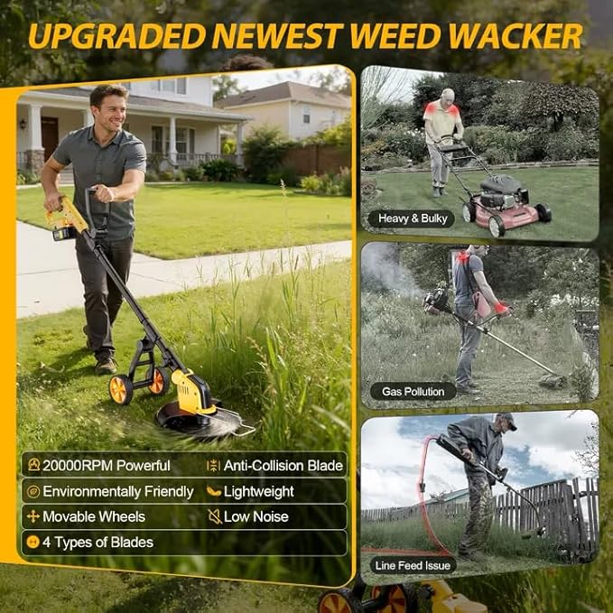 20000RPM Cordless Electric Weed Wacker, 12" Brushless Cordless String Trimmer, 4 in 1 Weed Eater/Brush Cutter/Weed Trimmer with 2*Batteries Powered & Auxiliary Wheels, Grass Trimmer for Yard Care