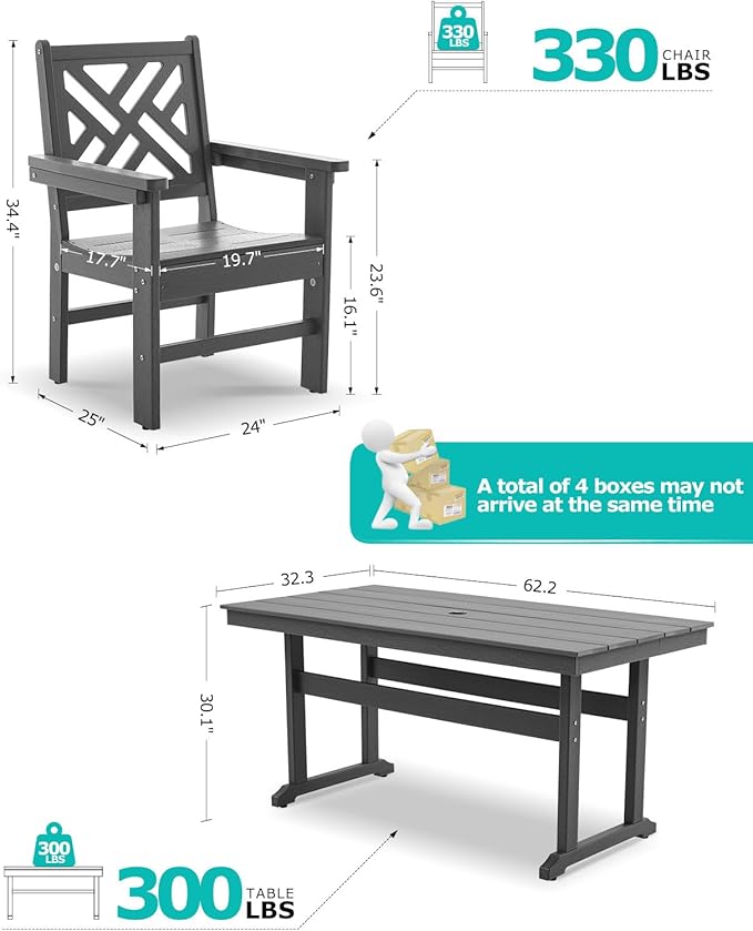 7 Piece HDPE Outdoor Dining Set for 6 Patio Dining Furniture Set with Umberlla Hole, Weather Resistent Outdoor Table and Chairs for Garden, Poolside, Backyard, Deck, Grey