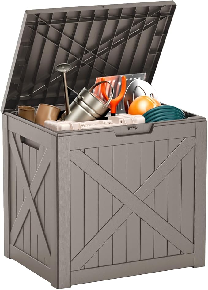Vixzen 32 Gallon Deck Boxes Outdoor Waterproof, Lockable Outside Storage Box for Patio Cushions, Garden Tools, Pool Supplies (Grey, 32 Gallon)