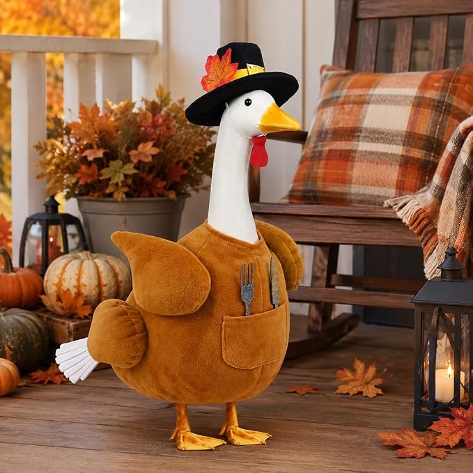 Thanksgiving Turkey Porch Goose Outfit for 23" Lawn Statue Fall Autumn Sculpture Clothes for Plastic/Cement Statue Duck Costume for Garden Patio Yard Lawn Art Decoration
