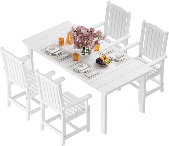 ROCSUMOO 5-Piece Outdoor Dining Table Sets, Patio HDPE Dining Table and Chair Set with Umbrella Hole, All Weather Outdoor Dining Furniture Set (White, 1 Table + 4 Chairs)