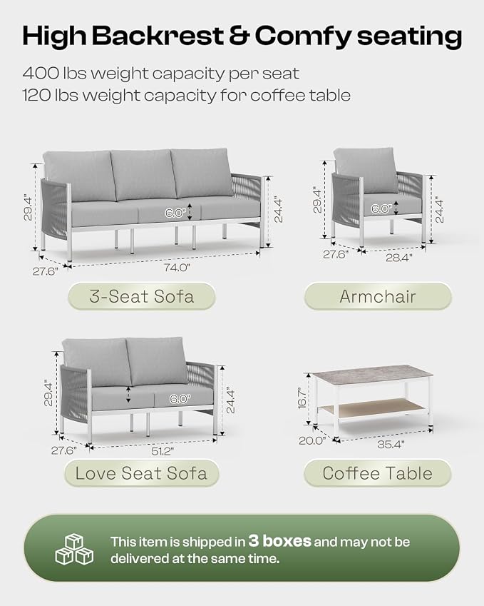 Aluminum Patio Furniture Set, 4 Seats Modern Outdoor Sectional Furniture with PE Rope & Dual-Layer Coffee Table, Luxury Patio Conversation Sets with 6" Cushions for Backyard/Garden, Silver