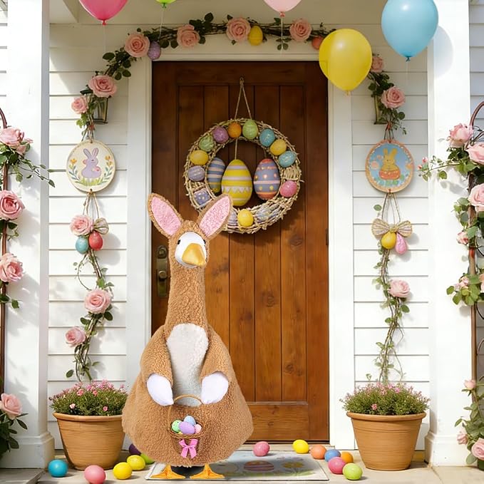 Easter Bunny Goose Outfit for 23" Porch Goose Holiday Brown Bunny Costume with Brown Basket Easter Party Outdoor Garden Patio Yard Lawn Art Decoration