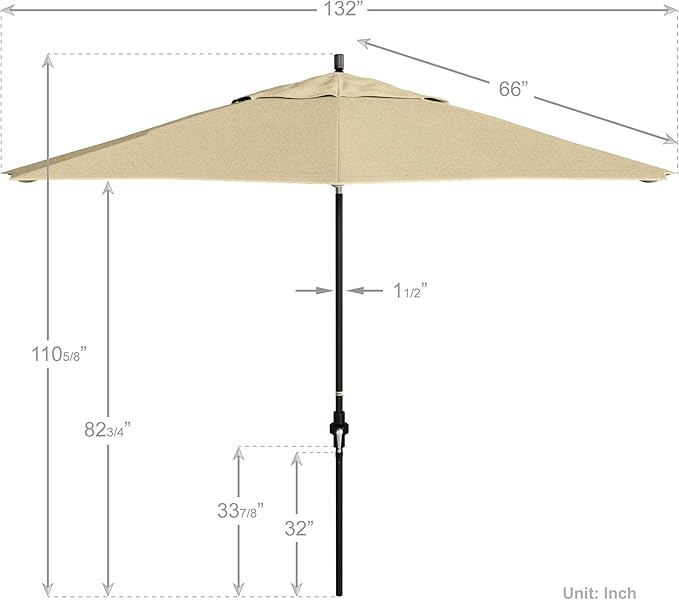California Umbrella 11Ft Premium Sunbrella Patio Umbrella, Hand-Crank, Tilt-Collar, Bronze Frame, Beige Fabric