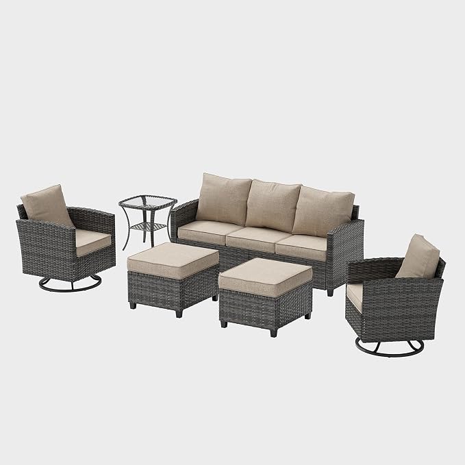 UDPATIO Patio Furniture Set, 6 Pieces Outdoor Sectional Couch, Gray Wicker Rattan Conversation Sofa with Swivel Rocking Chair, 4" Thick Cushion for Garden Backyard Deck, Khaki